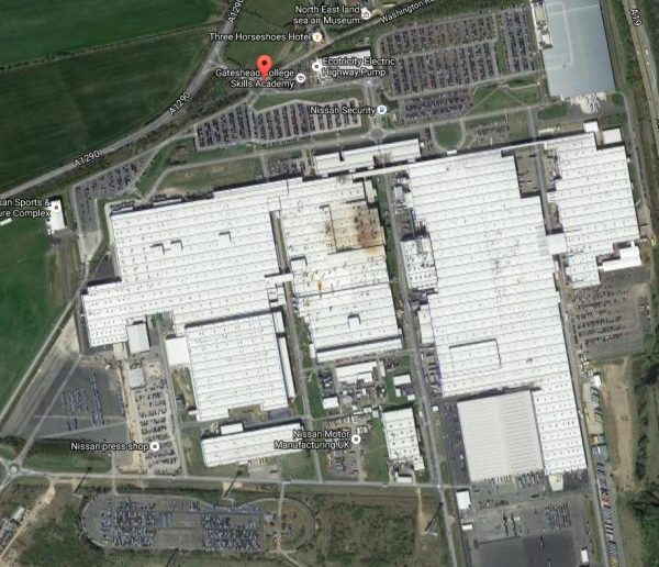 Nissan's manufacturing plant in Sunderland is huge and is surrounded by parking areas for new cars awaiting shipping