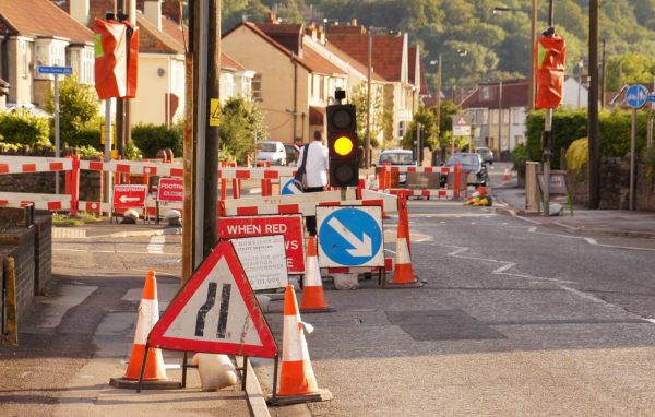 Temporary lights at roadworks with the existing lights covered