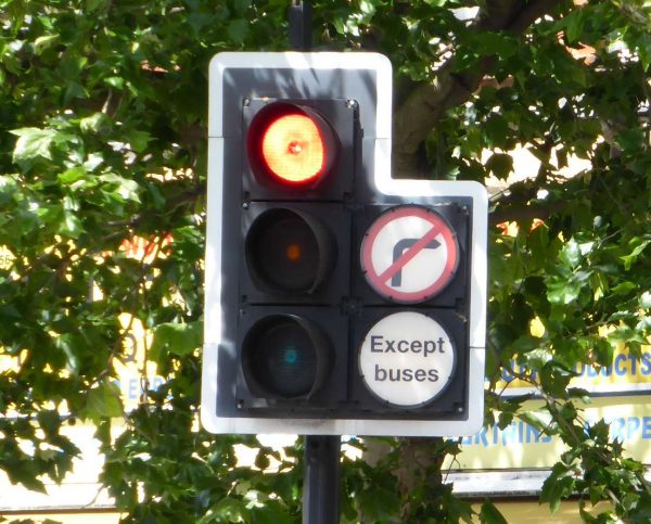 This red light means traffic can't proceed. Even with a green light, traffic is not allowed to turn right