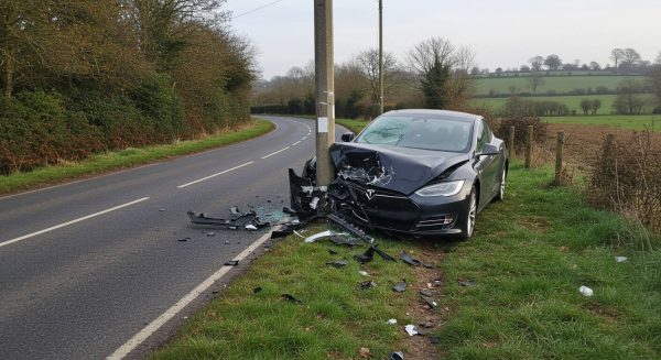 Car crashed into a pole on a rural road, with front-end damage and debris scattered around, surrounded by grassy fields and trees