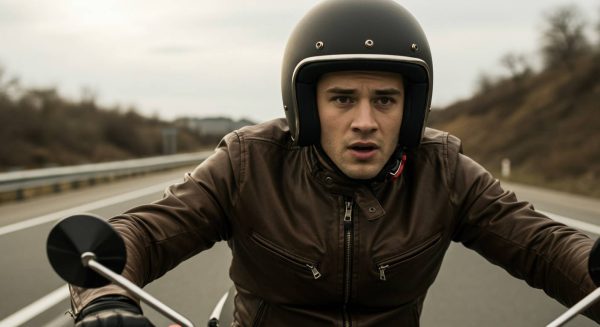 A young man wearing a matte black helmet and a brown leather jacket rides a motorcycle on a highway, showing a focused and intense expression. The blurred background includes a guardrail and hills under an overcast sky, capturing the energy of the ride.