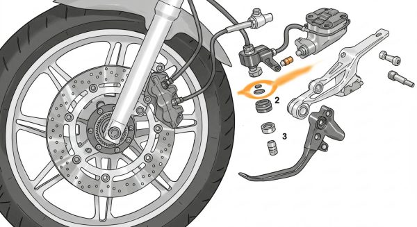 A detailed and labeled technical illustration of a motorcycle brake system. The diagram shows the front wheel with a ventilated disc brake and caliper assembly. Key components are exploded and labeled, including the brake master cylinder, levers, and connecting hydraulic lines. The highlighted parts illustrate the assembly sequence, with rings, seals, and bolts detailed for clarity. Ideal for understanding or teaching brake system mechanics.