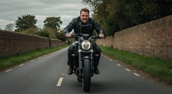 A determined-looking motorcyclist wearing a black leather jacket rides a powerful black motorcycle down a narrow road lined with brick walls and greenery. The rider grips the handlebars tightly with an intense facial expression, and the headlight is illuminated.