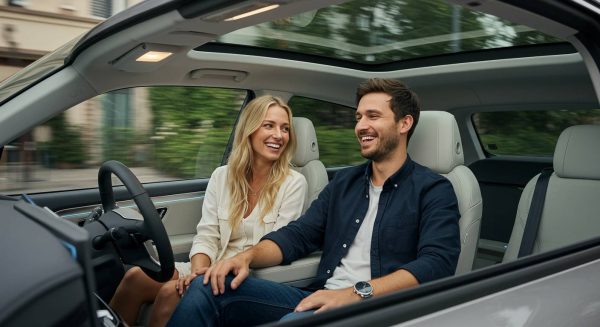 A man and woman in a self-driving car