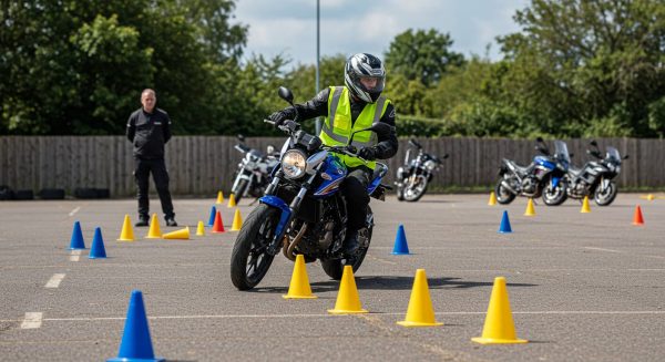 A motorcyclist in a high-visibility vest and helmet practices riding through a slalom course of yellow and blue cones on a paved training area. An instructor stands in the background observing, with additional motorcycles parked near a wooden fence under a bright, sunny sky.