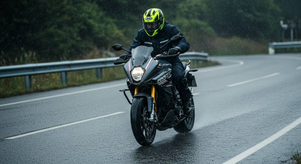 A motorcyclist wearing a neon yellow and black helmet and dark riding gear navigates a wet road during rainfall. The bike’s headlights are on, and the road is bordered by a metal guardrail with greenery in the background, emphasizing a challenging weather condition for riding.