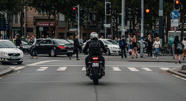 A motorcyclist, wearing a helmet and backpack, waits at a busy city intersection surrounded by pedestrians and cars. The traffic light is red, and people cross the street while vehicles pause. Urban buildings and street signs are visible in the background, reflecting a bustling city atmosphere.