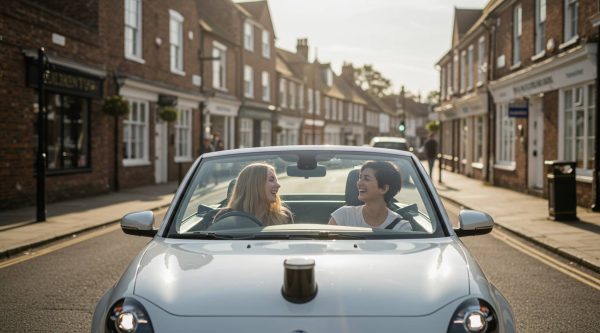 Two women smiling and talking while riding in a self-driving convertible car through a charming UK town with brick buildings and a relaxed atmosphere.